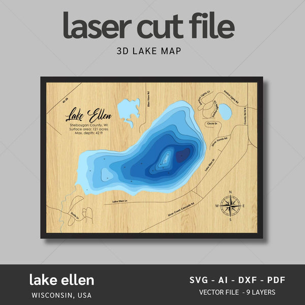 Lake Ellen, Wisconsin Laser Map Files - 9 Layers - Svg/Ai/Dxf/Pdf