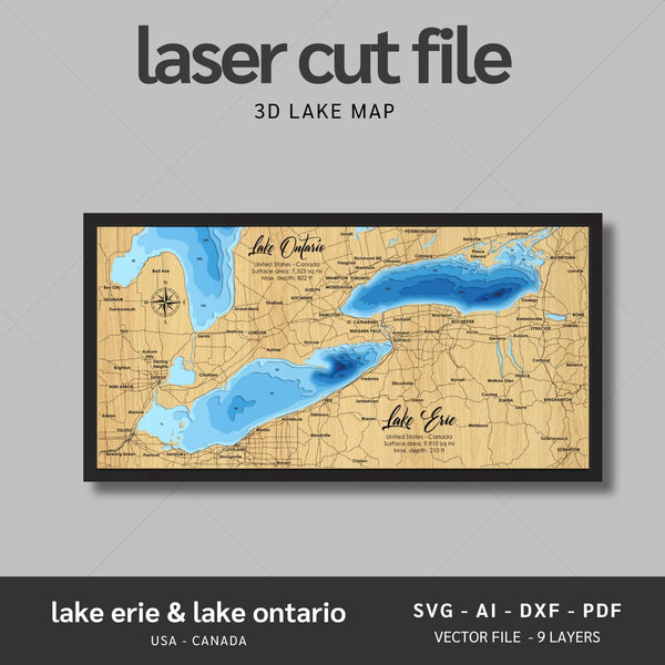 Lake Erie and Lake Ontario Laser Map Files - 9 Layers - Svg/Ai/Dxf/Pdf