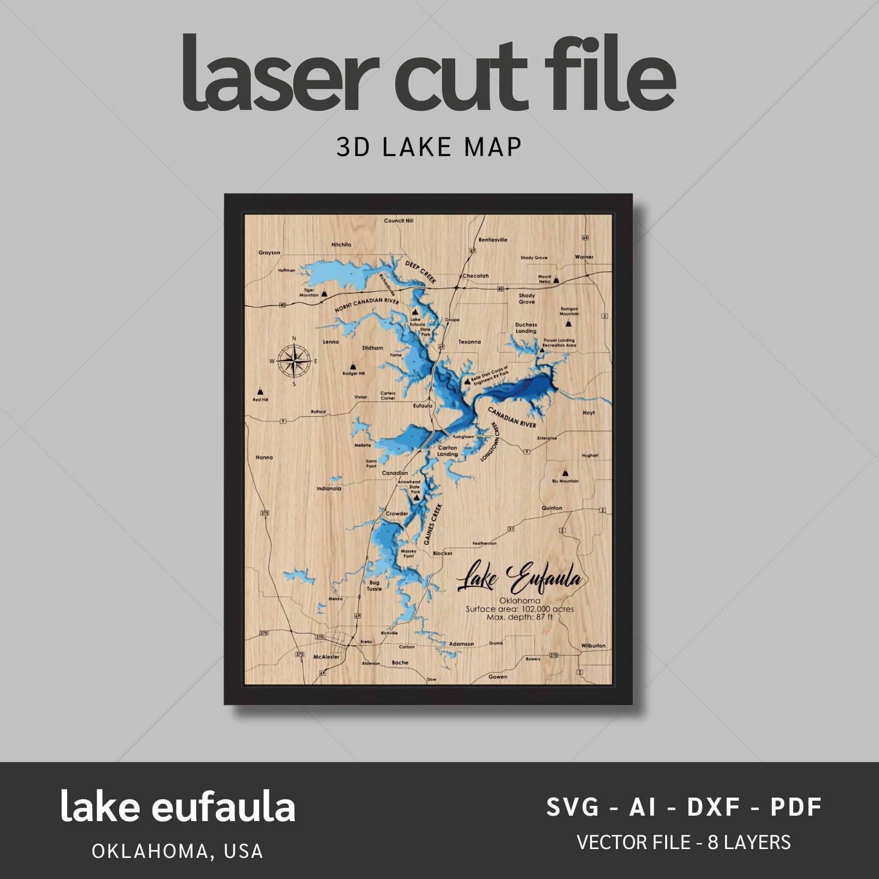 Lake Eufaula, Oklahoma Laser Map Files - 8 Layers - Svg/Ai/Dxf/Pdf ...