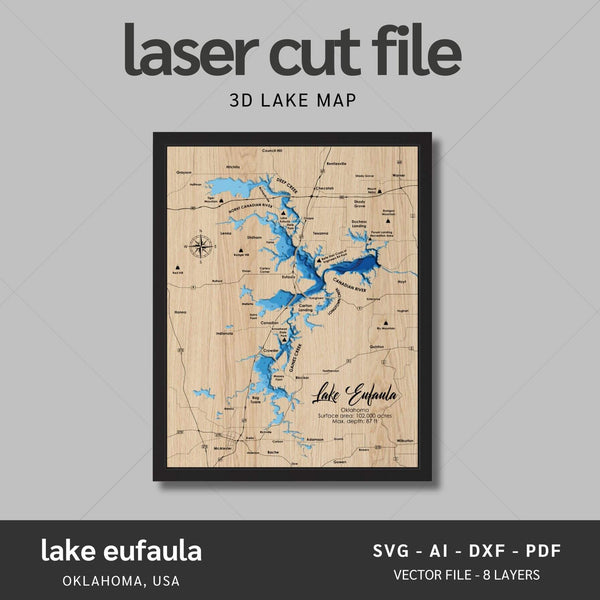 Lake Eufaula, Oklahoma Laser Map Files - 8 Layers - Svg/Ai/Dxf/Pdf