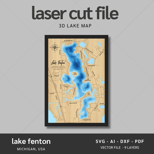 Lake Fenton, Michigan Laser Map Files - 9 Layers - Svg/Ai/Dxf/Pdf