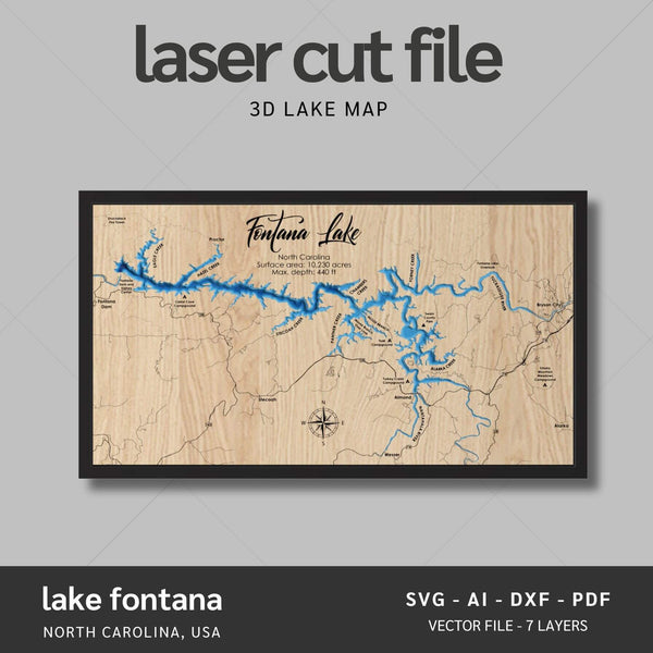 Lake Fontana, North Carolina Laser Map Files - 7 Layers - Svg/Ai/Dxf/Pdf