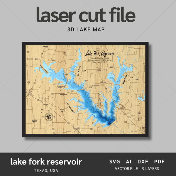 Lake Fork Reservoir, Texas Laser Map Files - 9 Layers - Svg/Ai/Dxf/Pdf