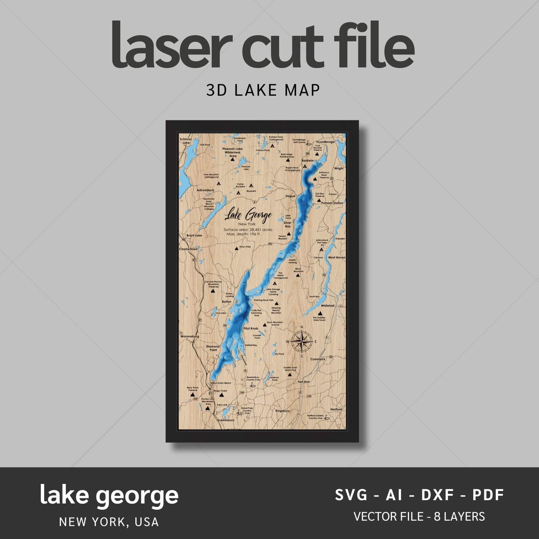 Lake George, New York Laser Map Files - 8 Layers - Svg/Ai/Dxf/Pdf – Moc ...