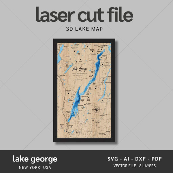 Lake George, New York Laser Map Files - 8 Layers - Svg/Ai/Dxf/Pdf