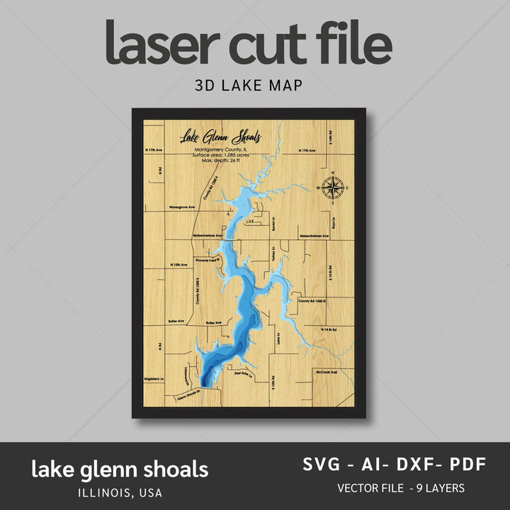 Intricate Lake Glenn Shoals 3D Laser Cut Map Files with personalization options, presented by Moc Tho