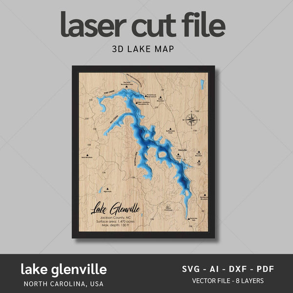 Lake Glenville, North Carolina Laser Map Files - 8 Layers - Svg/Ai/Dxf/Pdf