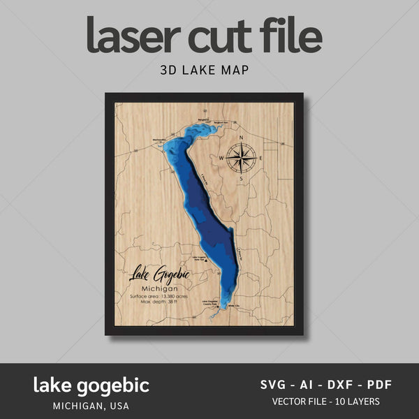 Lake Gogebic, Michigan Laser Map Files - 10 Layers - Svg/Ai/Dxf/Pdf