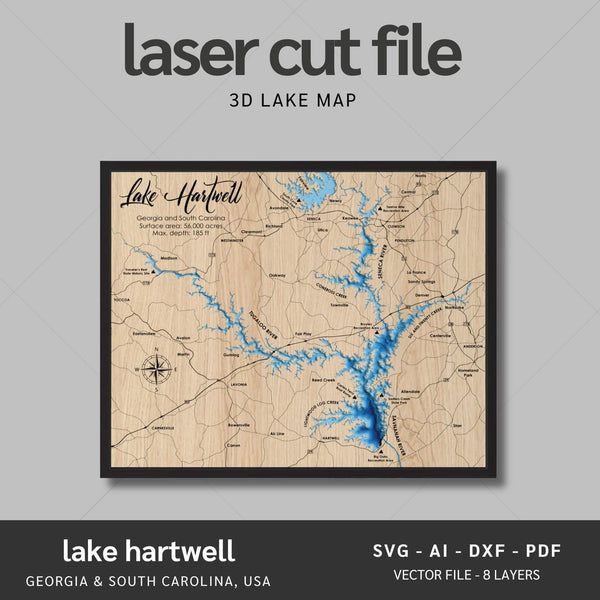 Lake Hartwell Laser Map Files - 8 Layers - Svg/Ai/Dxf/Pdf