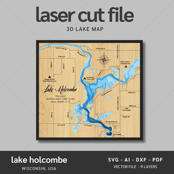 Lake Holcombe, Wisconsin Laser Map Files - 9 Layers - Svg/Ai/Dxf/Pdf