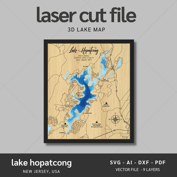 Lake Hopatcong, New Jersey Laser Map Files - 9 Layers - Svg/Ai/Dxf/Pdf