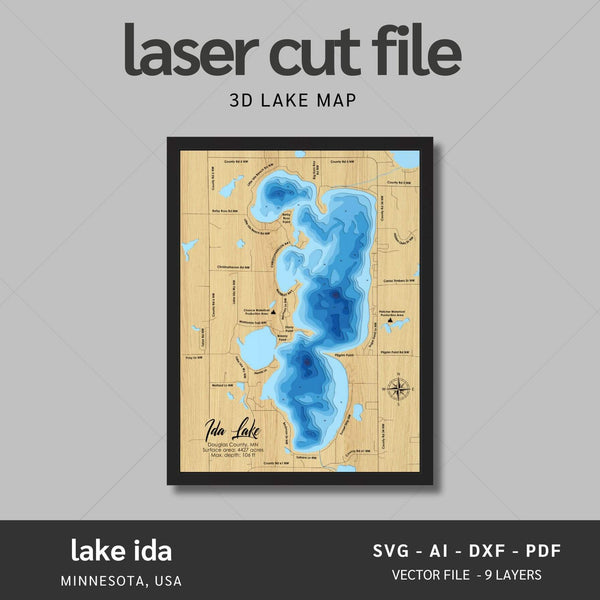 Lake Ida, Minnesota Laser Map Files - 9 Layers - Svg/Ai/Dxf/Pdf