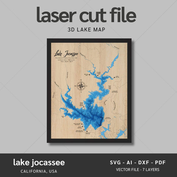 Lake Jocassee, California Laser Map Files - 7 Layers - Svg/Ai/Dxf/Pdf