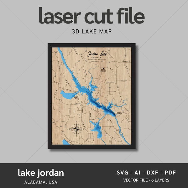 Lake Jordan, North Carolina Laser Map Files - 6 Layers - Svg/Ai/Dxf/Pdf