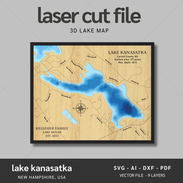 Lake Kanasatka, New Hampshire Laser Map Files - 9 Layers - Svg/Ai/Dxf/Pdf