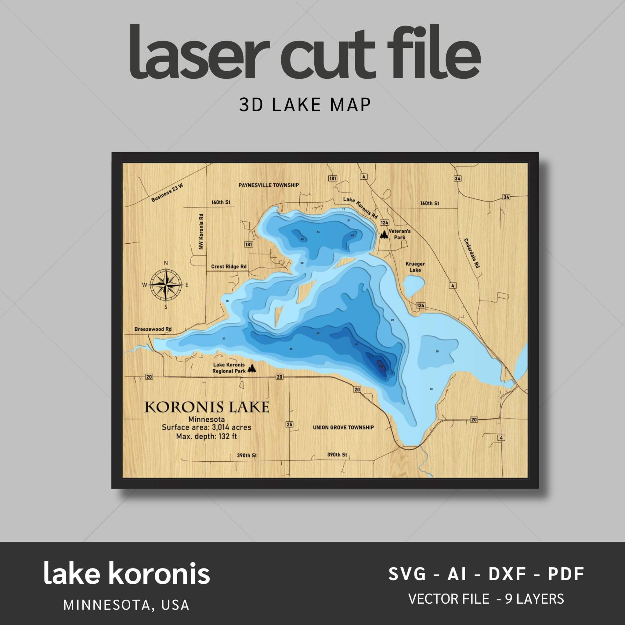 Lake Koronis, Minnesota Laser Map Files - 9 Layers - Svg/Ai/Dxf/Pdf ...