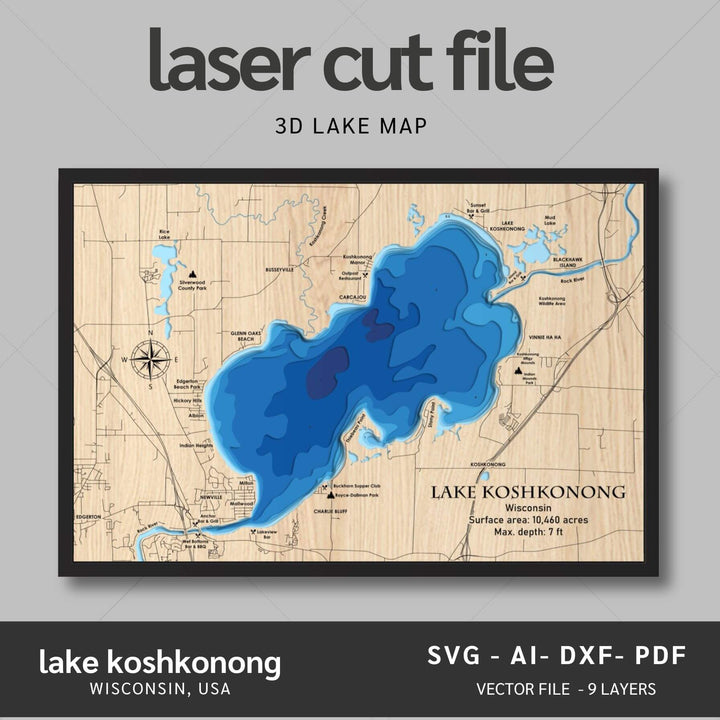 Intricate Lake Koshkonong 3D Laser Cut Map Files with personalization options, presented by Moc Tho