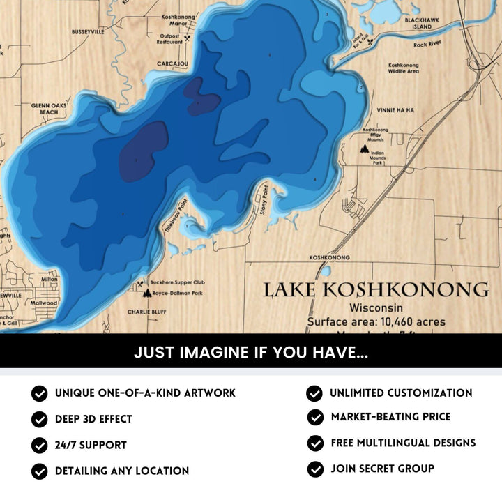Details of Lake Koshkonong 3D Depth Map FIles, unique wall art, deep effect, unlimited customization
