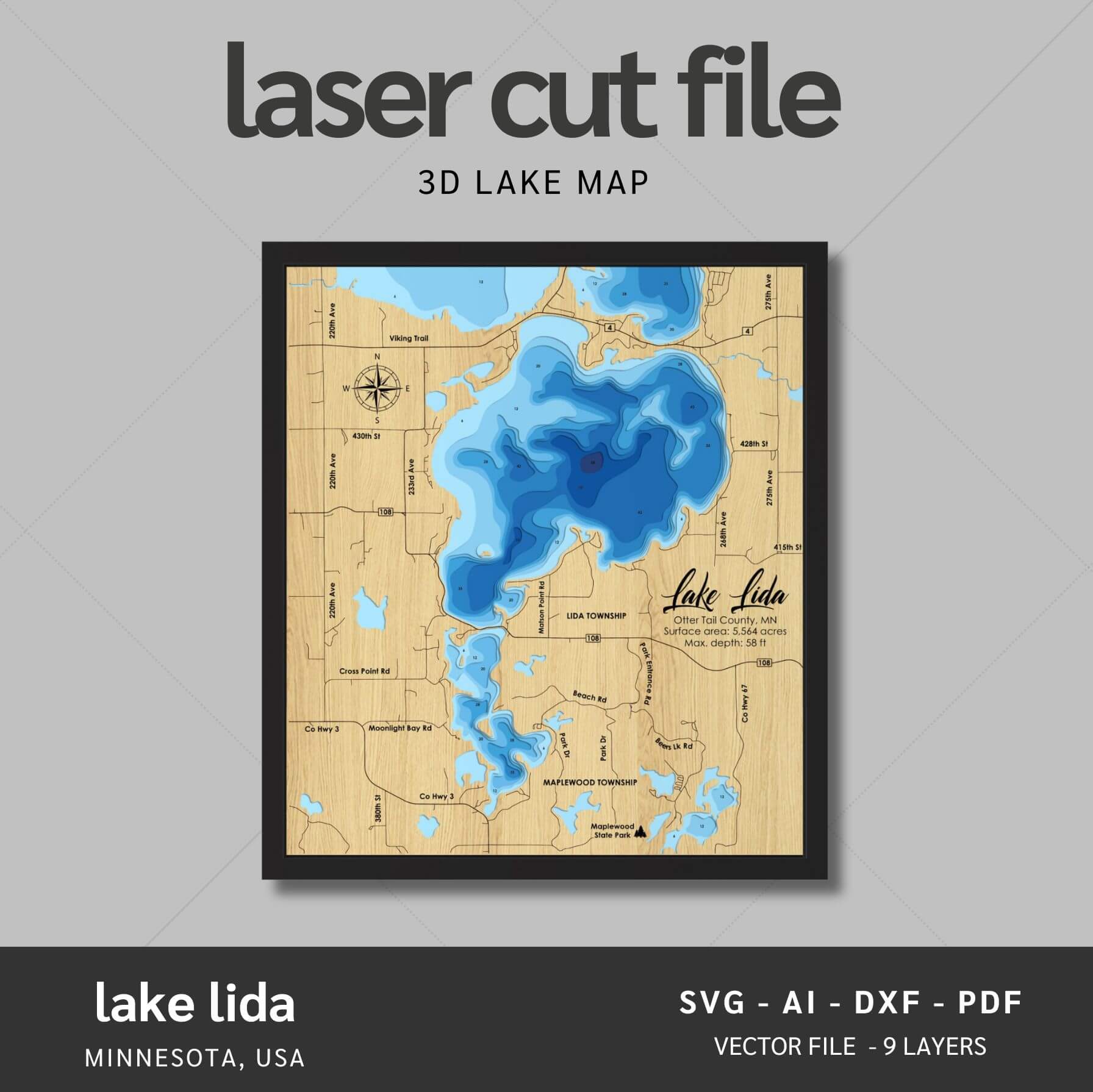 Lake Lida, Minnesota Laser Map Files - 9 Layers - Svg/Ai/Dxf/Pdf – Moc ...