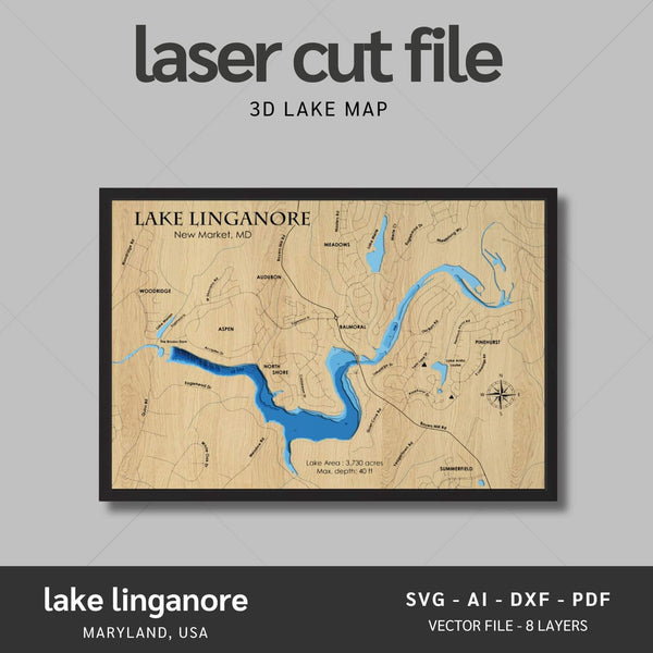 Lake Linganore, Maryland Laser Map Files - 8 Layers - Svg/Ai/Dxf/Pdf