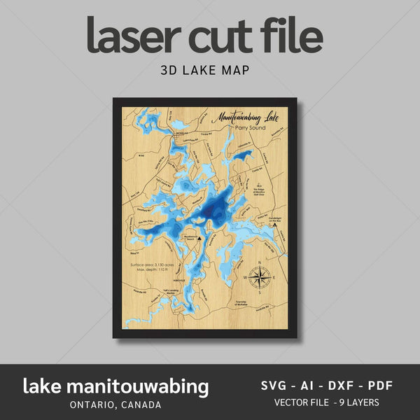 Lake Manitouwabing, Ontario Laser Map Files - 9 Layers - Svg/Ai/Dxf/Pdf