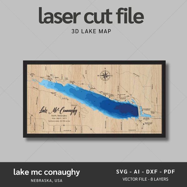 Lake Mc Conaughy, Nebraska Laser Map Files - 8 Layers - Svg/Ai/Dxf/Pdf