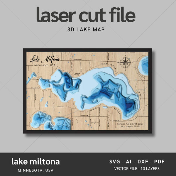 Lake Miltona, Minnesota Laser Map Files - 10 Layers - Svg/Ai/Dxf/Pdf