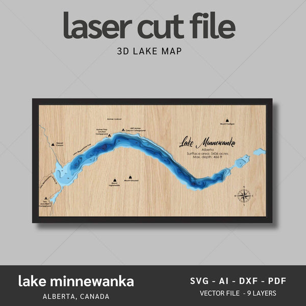 Lake Minnewanka, Alberta Laser Map Files - 9 Layers - Svg/Ai/Dxf/Pdf