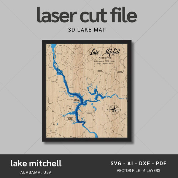 Lake Mitchell, Alabama Laser Map Files - 6 Layers - Svg/Ai/Dxf/Pdf