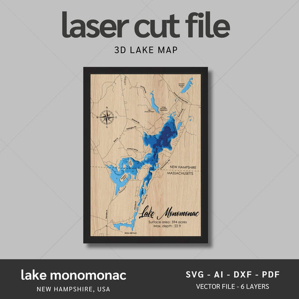 Lake Monomonac, New Hampshire Laser Map Files - 6 Layers - Svg/Ai/Dxf/Pdf