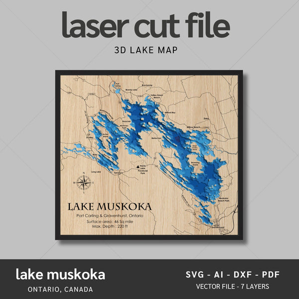 Lake Muskoka, Ontario Laser Map Files - 7 Layers - Svg/Ai/Dxf/Pdf