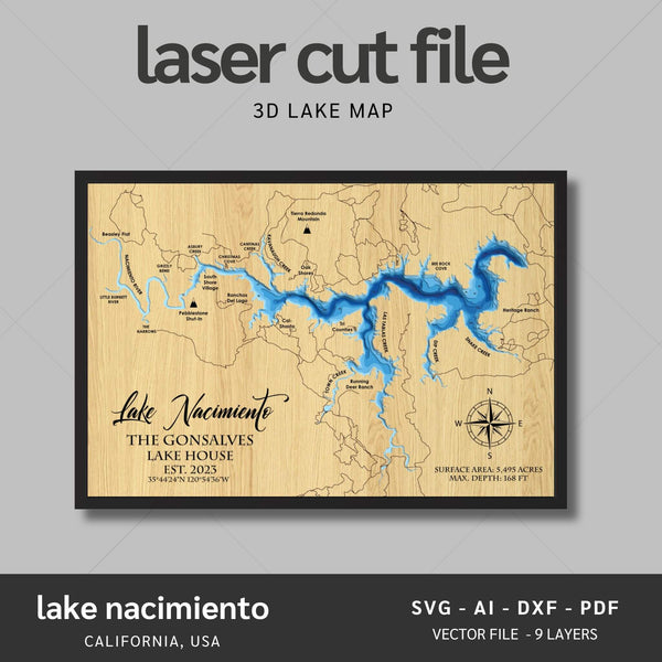 Lake Nacimiento, California Laser Map Files - 9 Layers - Svg/Ai/Dxf/Pdf