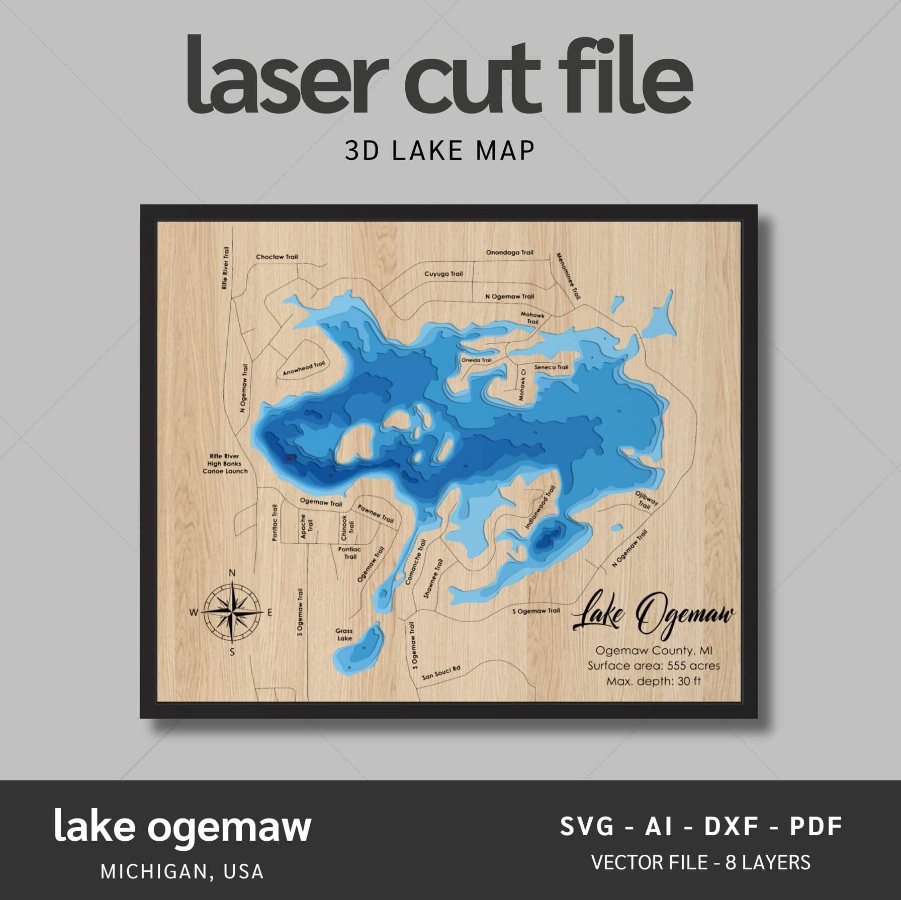 Lake Ogemaw, Michigan Laser Map Files - 8 Layers - Svg/Ai/Dxf/Pdf – Moc Tho