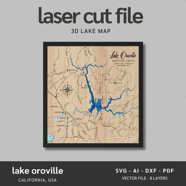 Lake Oroville, California Laser Map Files - 8 Layers - Svg/Ai/Dxf/Pdf