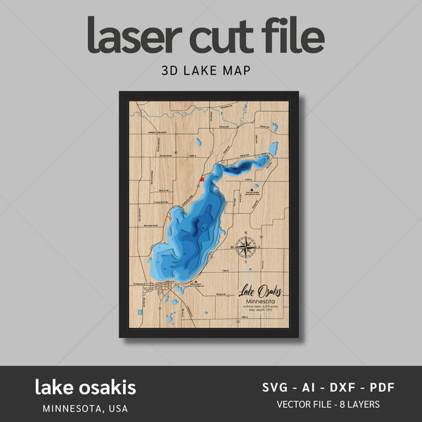 Lake Osakis, Minnesota Laser Map Files - 8 Layers - Svg/Ai/Dxf/Pdf