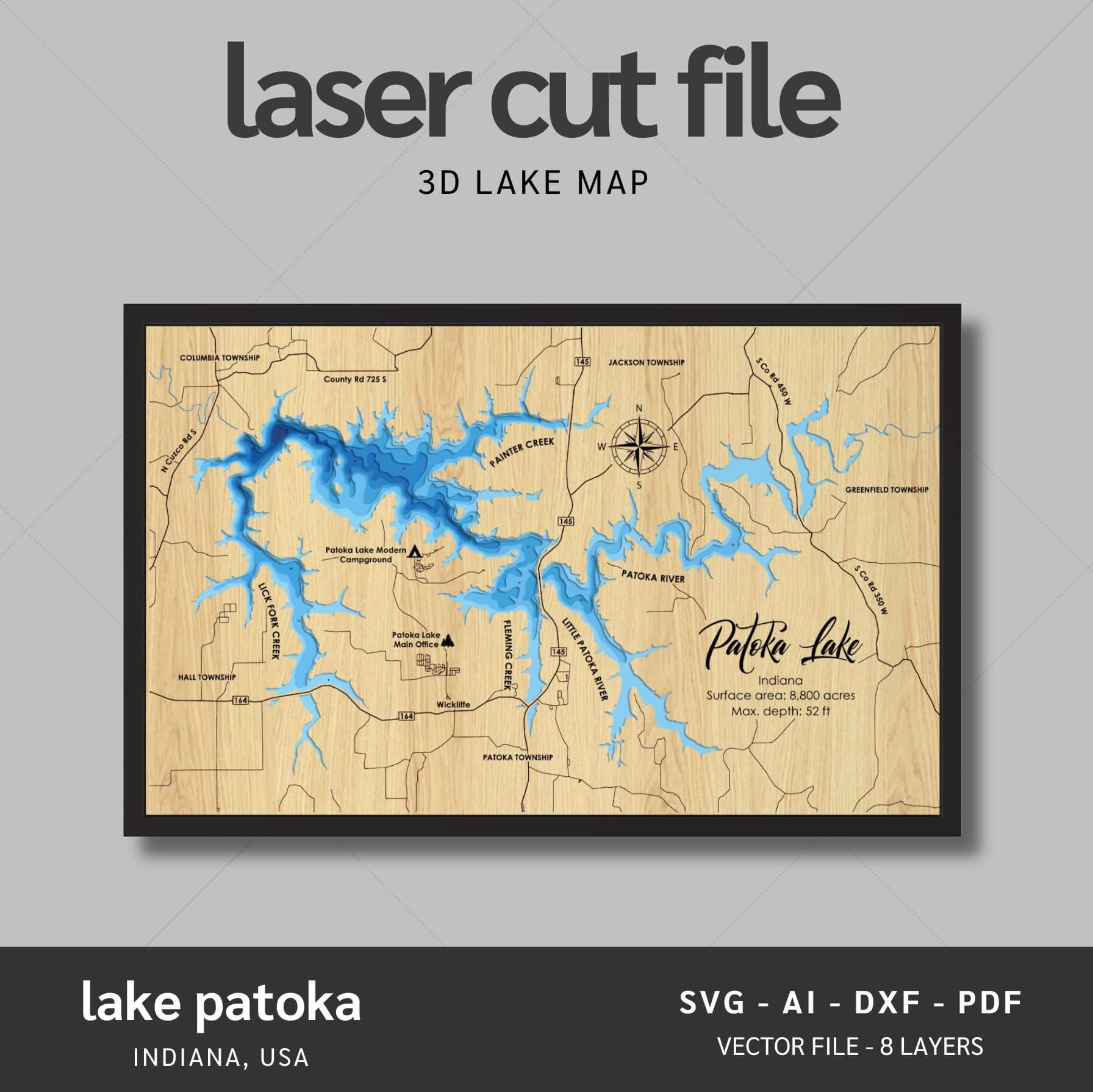 Lake Patoka, Indiana Laser Map Files - 8 Layers - Svg/Ai/Dxf/Pdf – Moc Tho