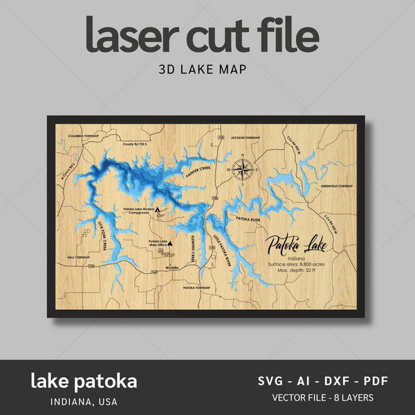 Lake Patoka, Indiana Laser Map Files - 8 Layers - Svg/Ai/Dxf/Pdf