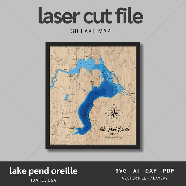 Lake Pend Oreille, Idaho Laser Map Files - 7 Layers - Svg/Ai/Dxf/Pdf