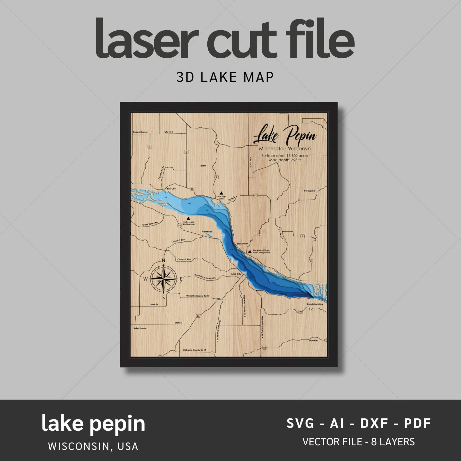 Lake Pepin, Wisconsin Laser Map Files - 8 Layers - Svg/Ai/Dxf/Pdf – Moc Tho