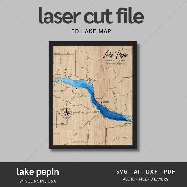 Lake Pepin, Wisconsin Laser Map Files - 8 Layers - Svg/Ai/Dxf/Pdf