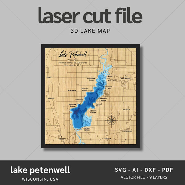 Lake Petenwell, Wisconsin Laser Map Files - 9 Layers - Svg/Ai/Dxf/Pdf