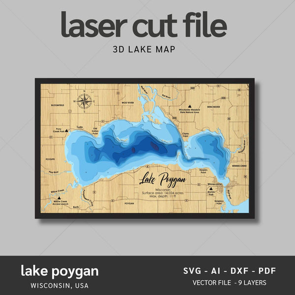 Lake Poygan, Wisconsin Laser Map Files - 9 Layers - Svg/Ai/Dxf/Pdf