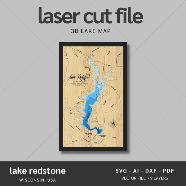 Lake Redstone, Wisconsin Laser Map Files - 9 Layers - Svg/Ai/Dxf/Pdf