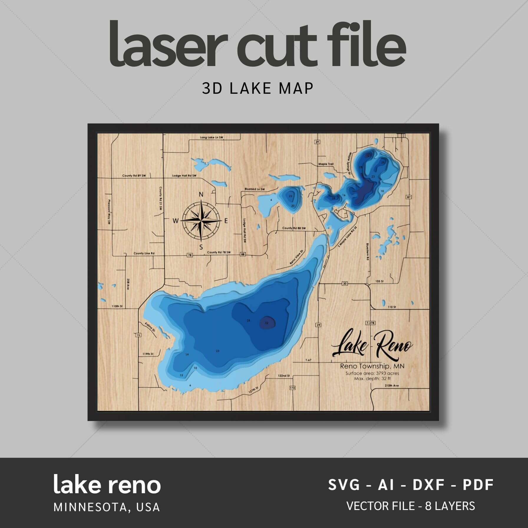 Lake Reno, Minnesota Laser Map Files - 8 Layers - Svg/Ai/Dxf/Pdf β Moc ...