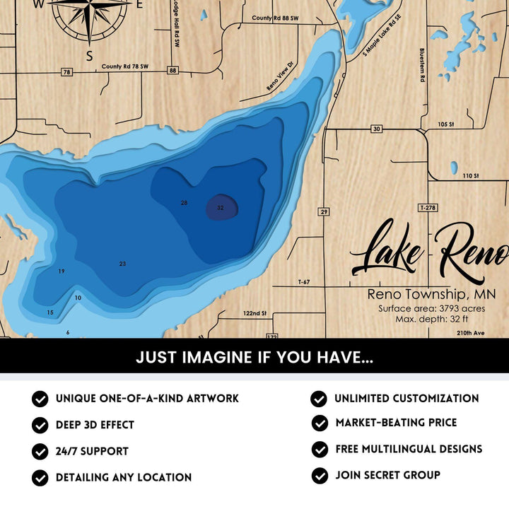 Lake Reno, Minnesota Laser Map Files - 8 Layers - Svg/Ai/Dxf/Pdf β Moc ...