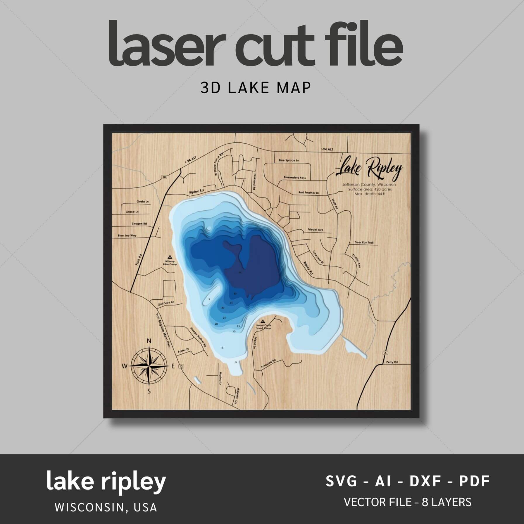 Lake Ripley, Wisconsin Laser Map Files - 8 Layers - Svg/Ai/Dxf/Pdf ...