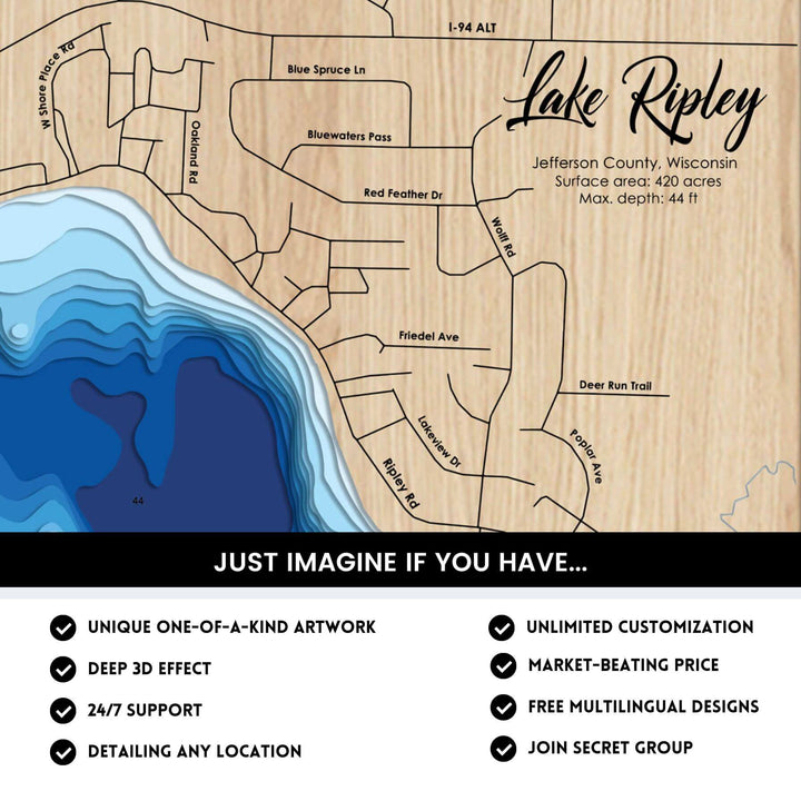 Lake Ripley, Wisconsin Laser Map Files - 8 Layers - Svg/Ai/Dxf/Pdf ...