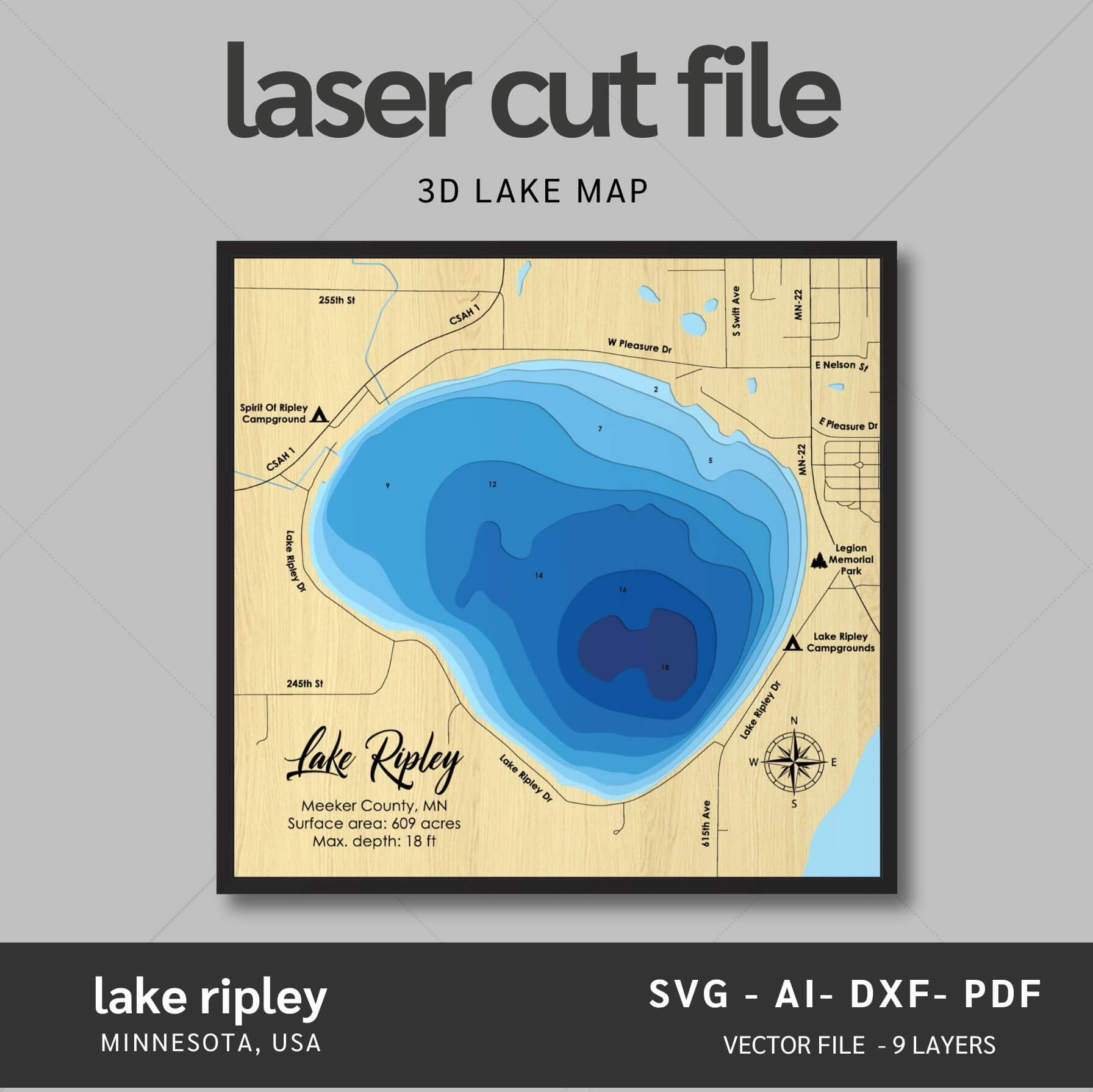 Lake Ripley, Minnesota Laser Map Files - 9 Layers - Svg/Ai/Dxf/Pdf ...