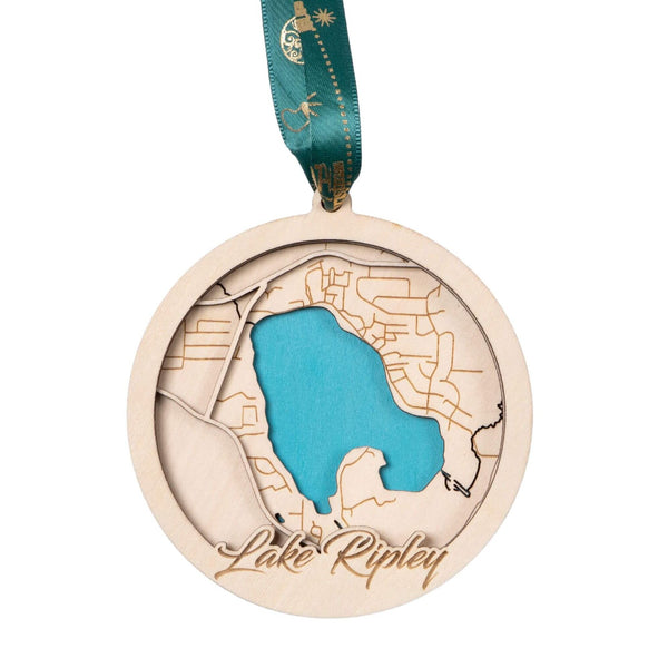 Lake Ripley, Wisconsin USA 3D Wooden Map Ornament – 4.5’’x4’’ - Blue