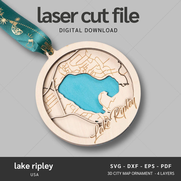 Lake Ripley, Wisconsin USA Map Ornaments Files - 4 Layers - Svg/Ai/Dxf/Pdf